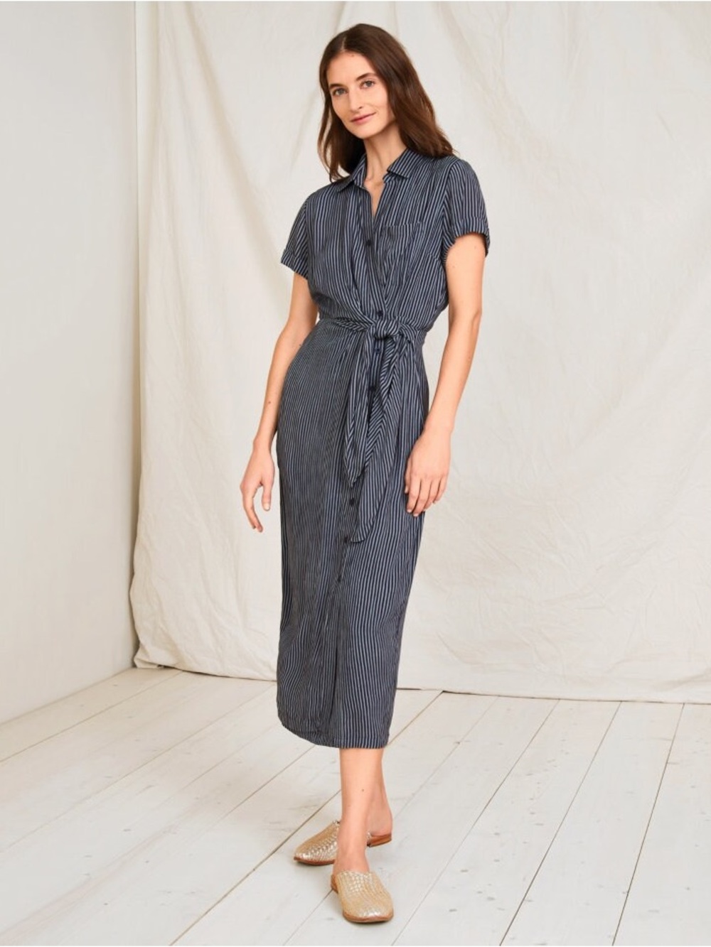 Garnet Hill Navy and White Striped Tie-Waist Midi Dress Women’s Size 8